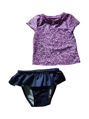 Cat & Jack Purple Printed Short-Sleeve Rash Guard with Navy Ruffle Swim Bottoms